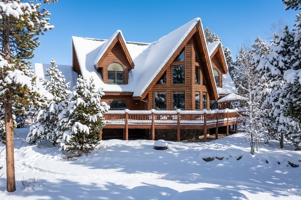 A wooden cabin with a snow-covered roof, surrounded by snow-laden trees.