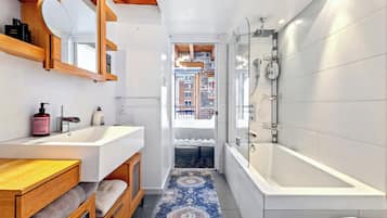 Hair dryer, towels, soap, shampoo