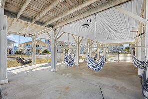 A covered outdoor area with concrete flooring, white structural beams, and blue-striped hammocks. - 4 Bedroom Home in Cherry Grove, 1 Block From Beach (North Myrtle Beach)
