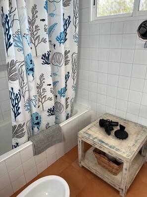 Shower, hair dryer, towels