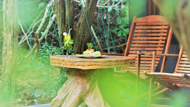 Ein rustikaler Holztisch mit einem Teller Essen und einem Getränk, vor einer grünen Kulisse und einem Holzstuhl.