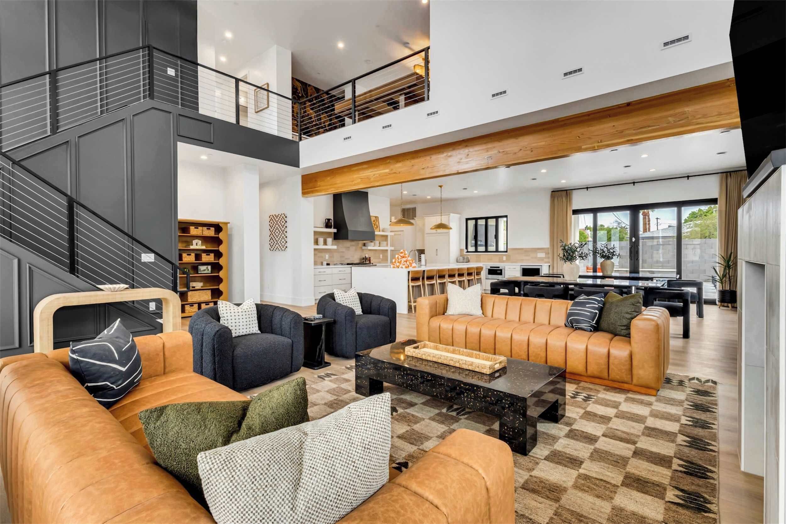 TV, fireplace, books, offices