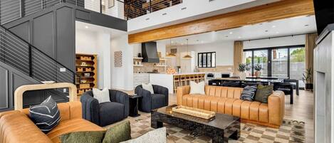 TV, fireplace, books, offices