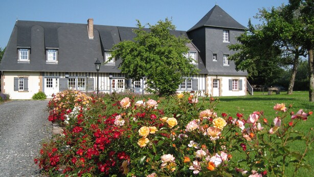 A large, two-story house with a prominent chimney, a well-maintained garden with various flowers, and a paved driveway.