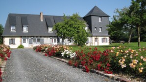 A large house with a gravel driveway, surrounded by a well-maintained garden with various flowers.