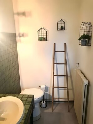 Chuveiro, secador de cabelo, toalhas de banho 