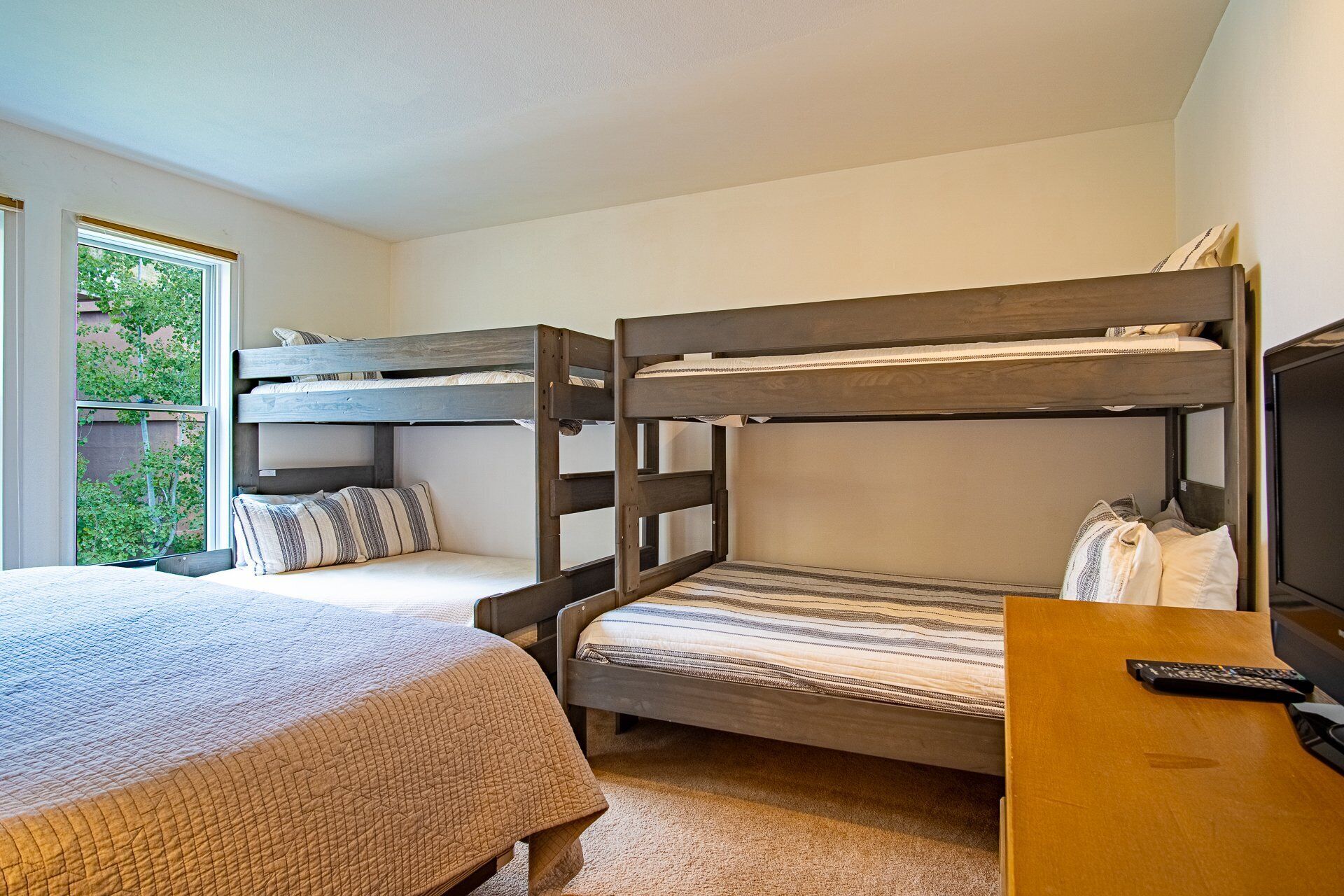 Une chambre avec un lit superposé, un bureau et un téléviseur.
