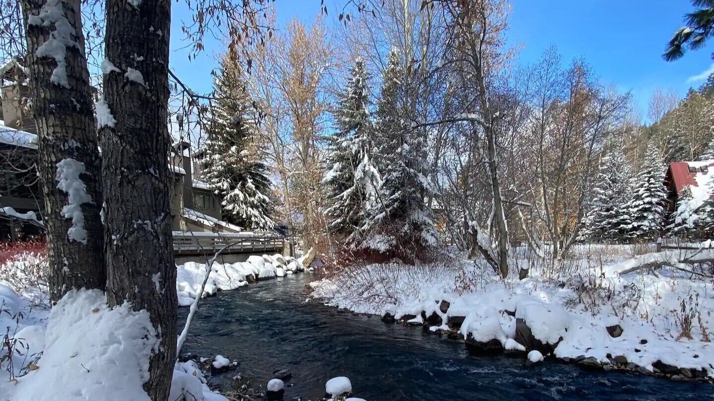 Un fiume coperto di neve con alberi e un ponte sullo sfondo.
