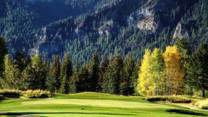 En golfbana med ett flaggstång, omgiven av tät skog och berg.