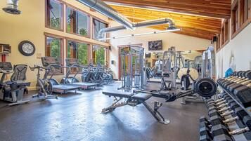 A gym with various exercise equipment, large windows, and a wooden ceiling.