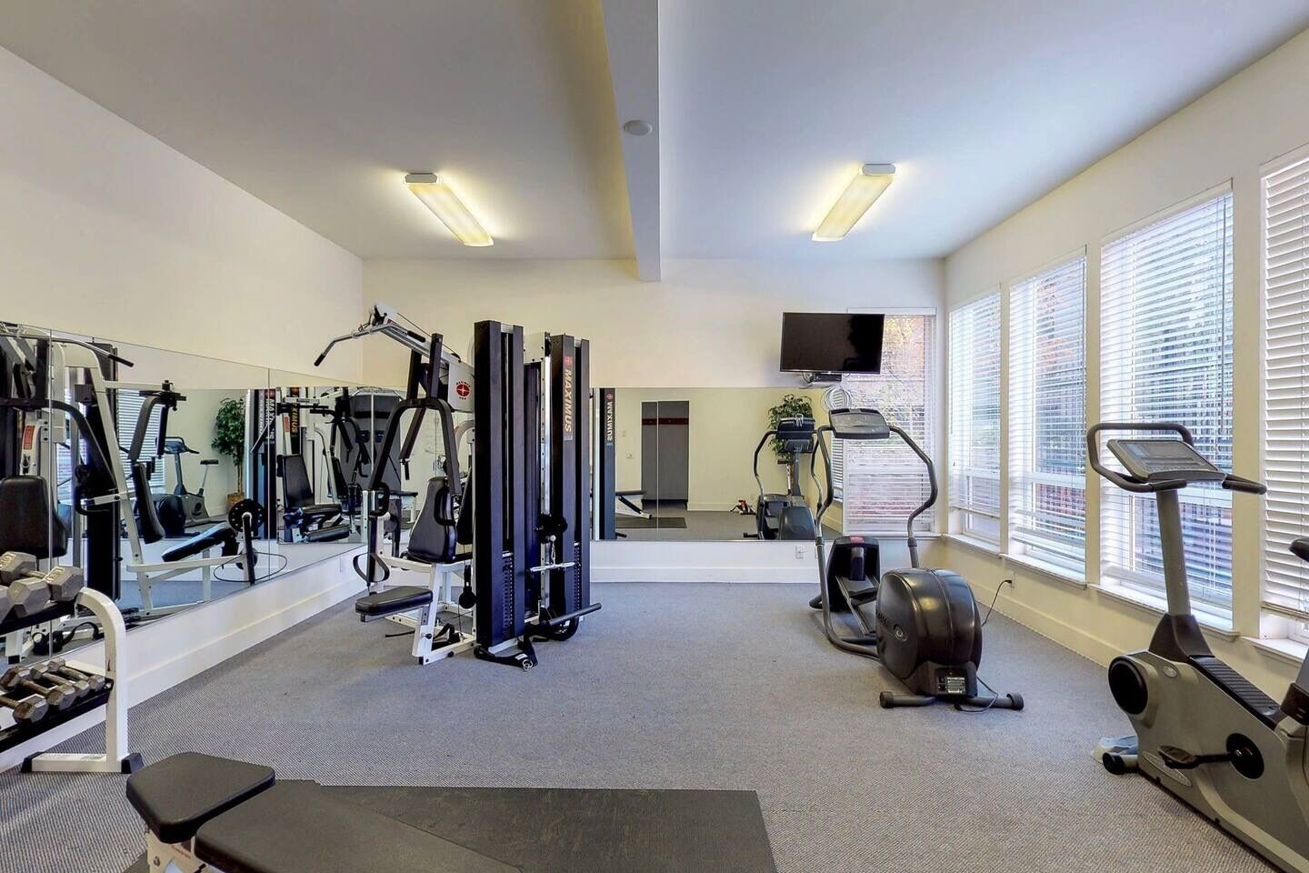 Une salle de sport équipée de divers appareils d’exercice, d’un miroir et d’un téléviseur.