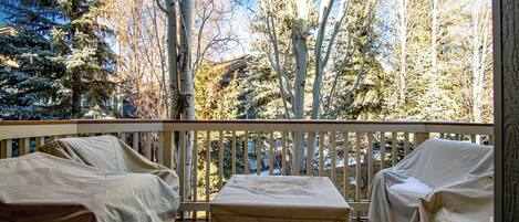 A covered outdoor seating area with two chairs and a table, overlooking a forested area with tall trees.