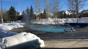 A hot spring with snowbanks around it, surrounded by trees and a clear sky. - Bonne Vie Condo - Heart of Elkhorn + Resort Amenities (Sun Valley)