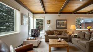 Una sala de estar acogedora con techo de madera, un sofá, una mesa de centro y un televisor.