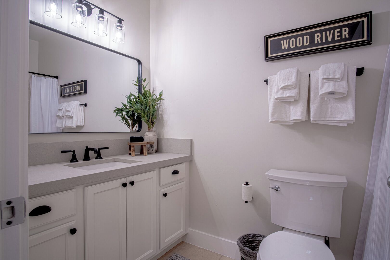 A bathroom with a toilet, sink, and mirror. There is a sign that says "WOOD RIVER" and a plant on the counter.