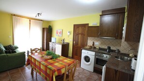 Une cuisine compacte équipée d’un lave-linge, d’un four et d’un évier. On y trouve également un coin repas avec une table et des chaises, ainsi qu’un canapé vert.