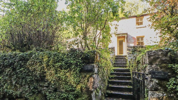 A stone staircase leading to a building entrance, surrounded by lush greenery and moss-covered walls. - Rock Cottage (Milnthorpe)
