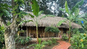 A rustic thatched-roof hut with a brick pathway leading to it, surrounded by lush greenery. - Suoi Rao Hao Huc Village (Ho Chi Minh City)