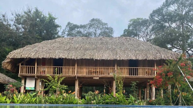 A thatched-roof building with a pool in front. - Suoi Rao Hao Huc Village (Ho Chi Minh City)