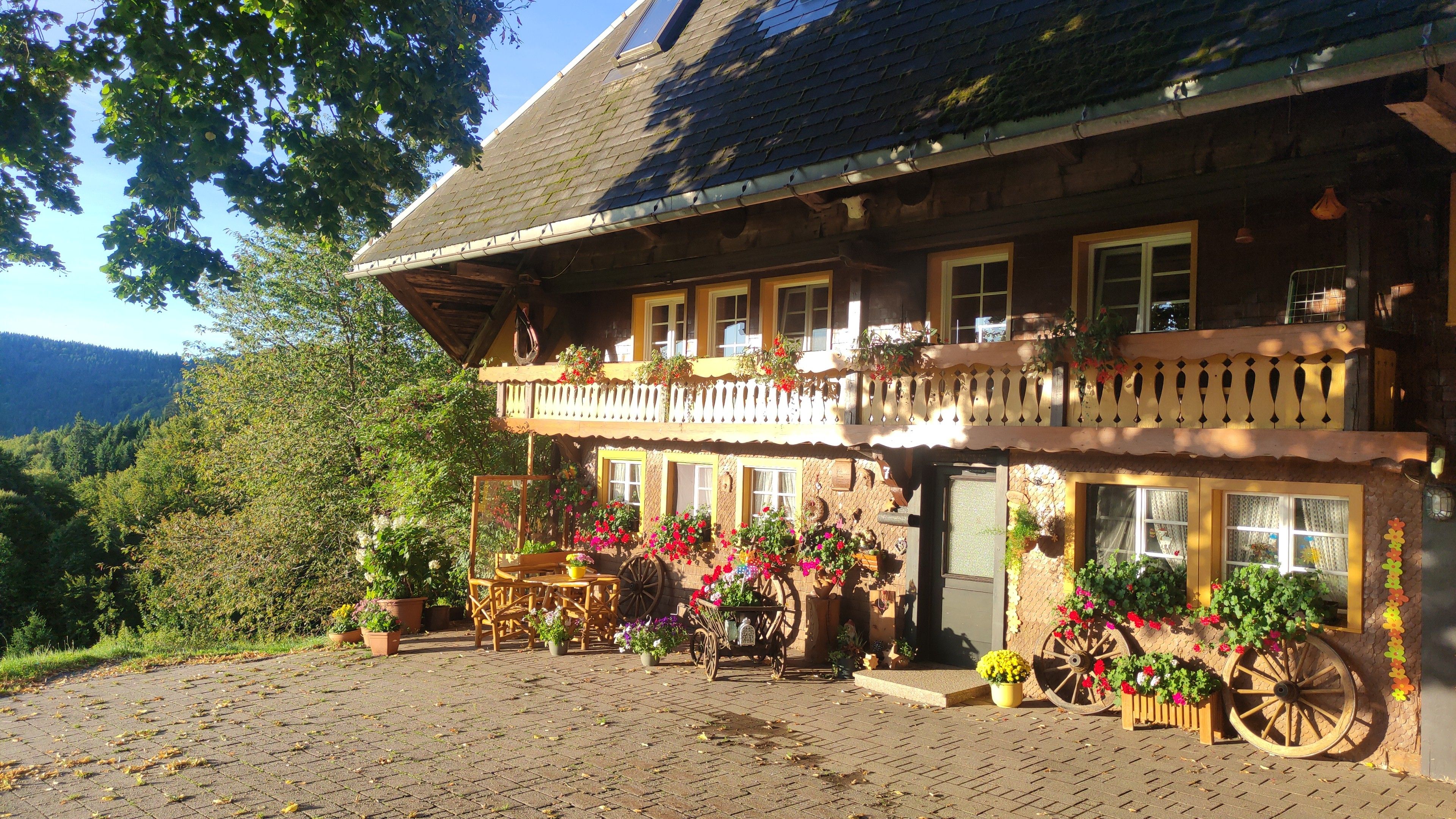 Ein traditionelles Chalet mit Balkon, Holz-Schubkarren und Blumentöpfen.