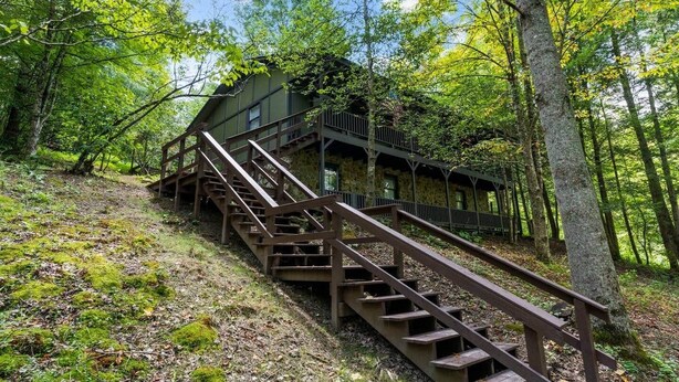 Un rustico chalet con una scala che conduce a un terrazza in legno, immerso in una fitta foresta.