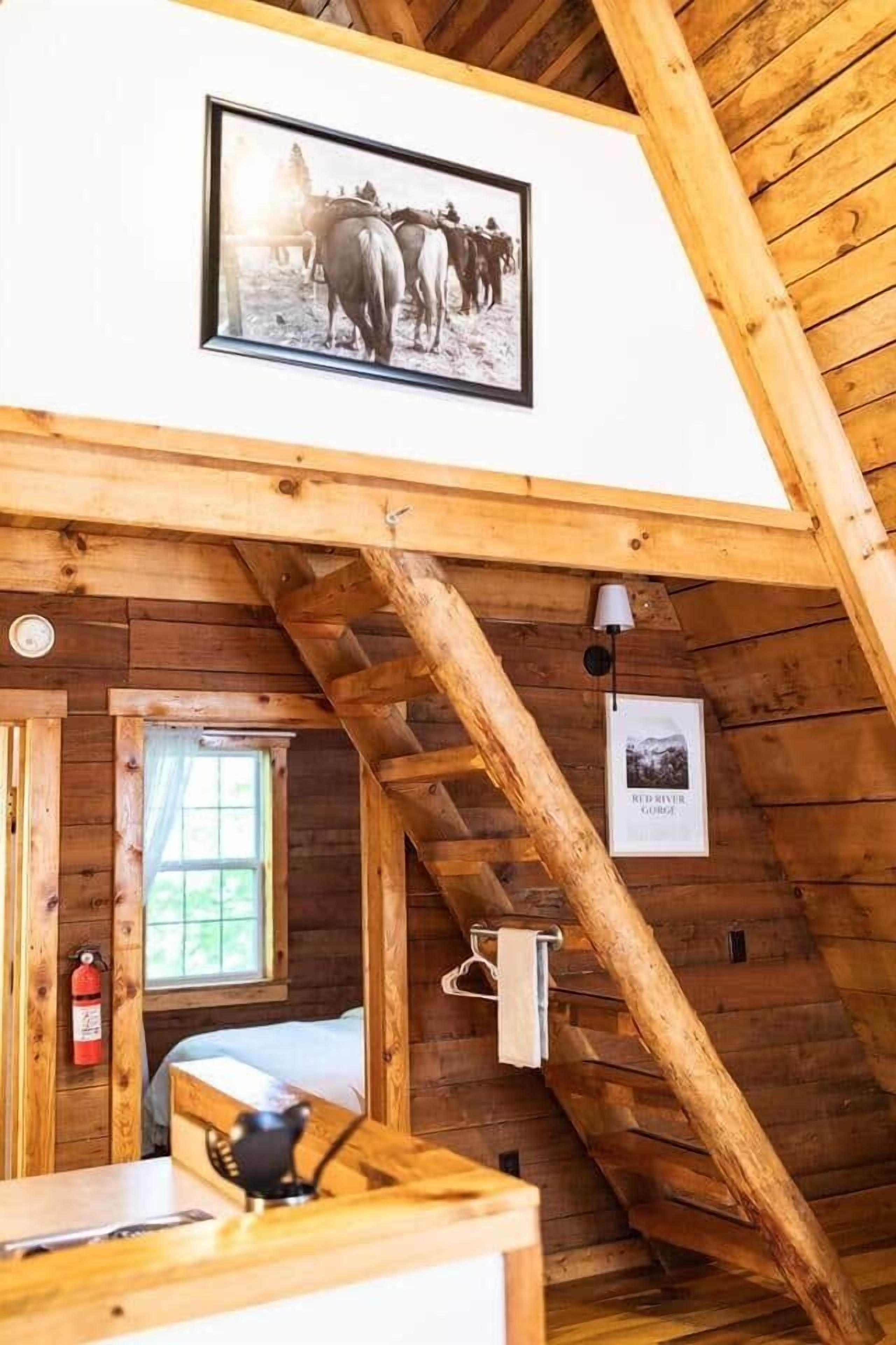 Een rustieke houten chalet met een slaapkamer op een entresol, een houten trap en een ingelijste foto aan de wand.