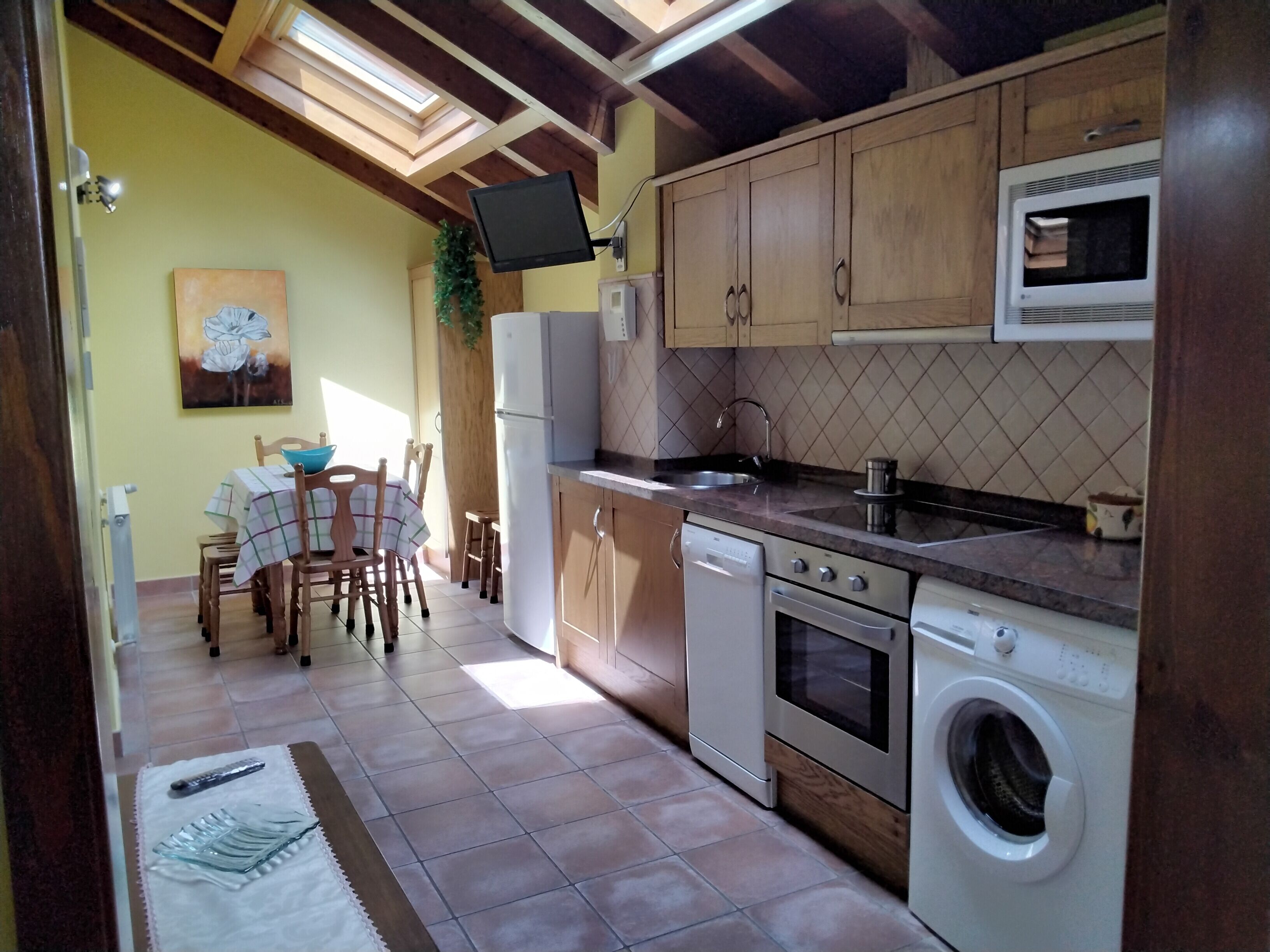 Een microgolfoven, een oven, een kookplaat, een vaatwasser