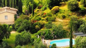 Uma villa numa encosta com piscina, rodeada por vegetação exuberante e um pequeno jardim.