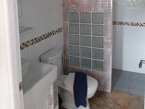 Een badkamer met toilet, wastafel en douche.