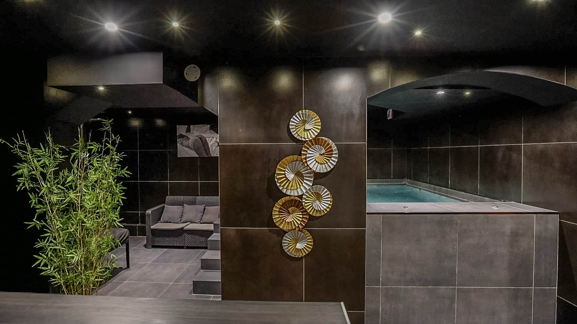 Un espace spa moderne comprenant un jacuzzi, un panneau décoratif fixé au mur et un coin salon avec un canapé et une plante.
