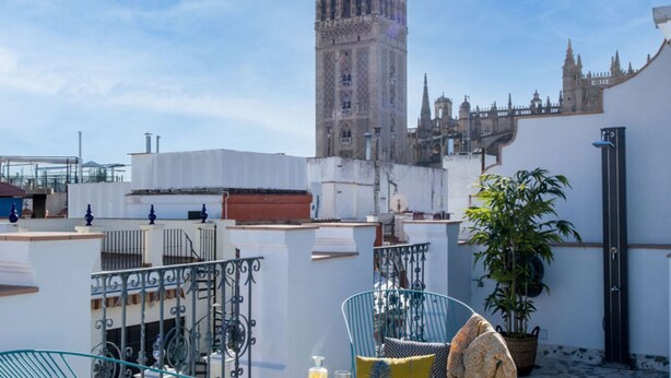 Une terrasse sur le toit offrant une vue sur une tour historique, agrémentée d’une plante en pot et d’une rambarde en métal.