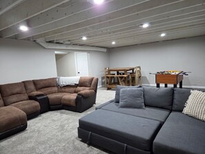 Smart TV, fireplace, foosball