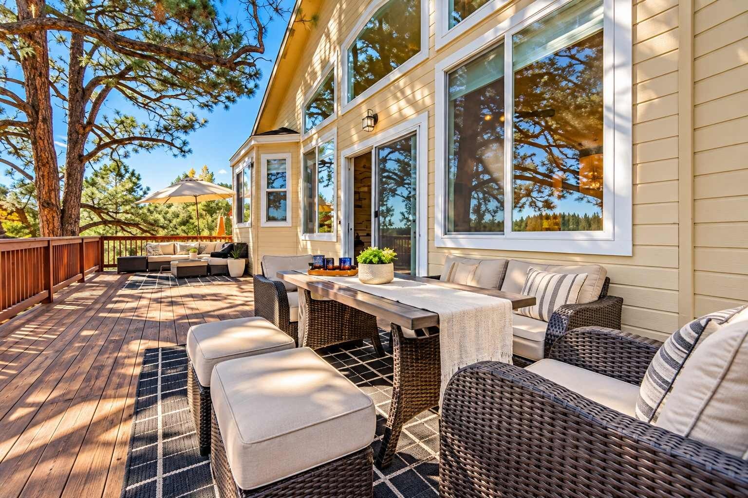 En udendørs terrasse med fletmøbler, et bord og udsigt til et hus med store vinduer.