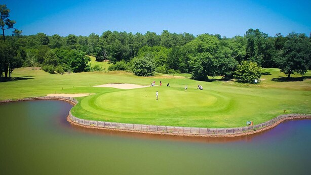 Ein Golfplatz mit Teich, umgeben von dichter Baumgruppe.