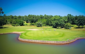 Ein Golfplatz mit Teich, umgeben von dichter Baumgruppe.
