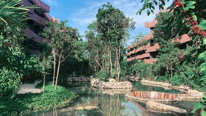 Un patio tranquilo con una fuente de agua cristalina, rodeado de abundante vegetación y edificios modernos.