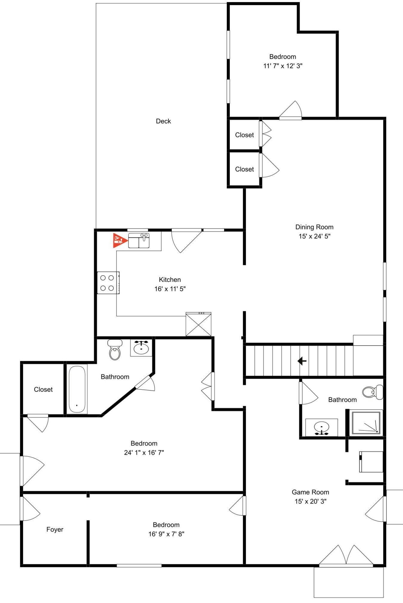 Un plan d’étage comprenant une chambre (3,5 m x 3,7 m), une salle à manger (4,5 m x 7,4 m), une cuisine (4,8 m x 3,5 m), une salle de bain, un hall d’entrée et une salle de jeux (4,5 m x 6,1 m).
