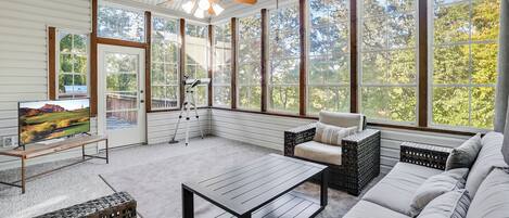 TV connectée, cheminée, lecteur de DVD, table de tennis de table