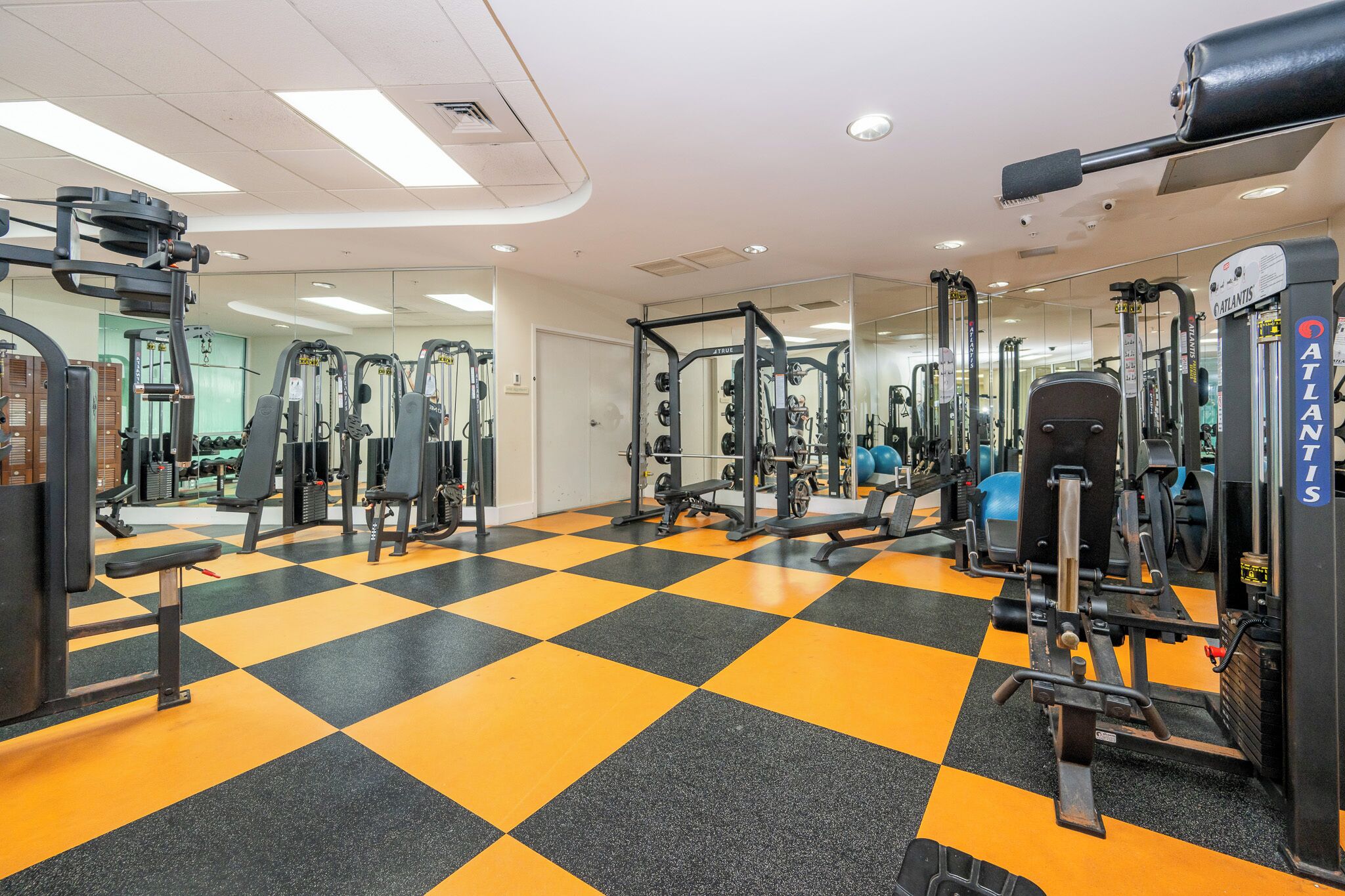 Get fit in this well-equipped gym featuring modern workout machines and vibrant flooring for an energizing experience