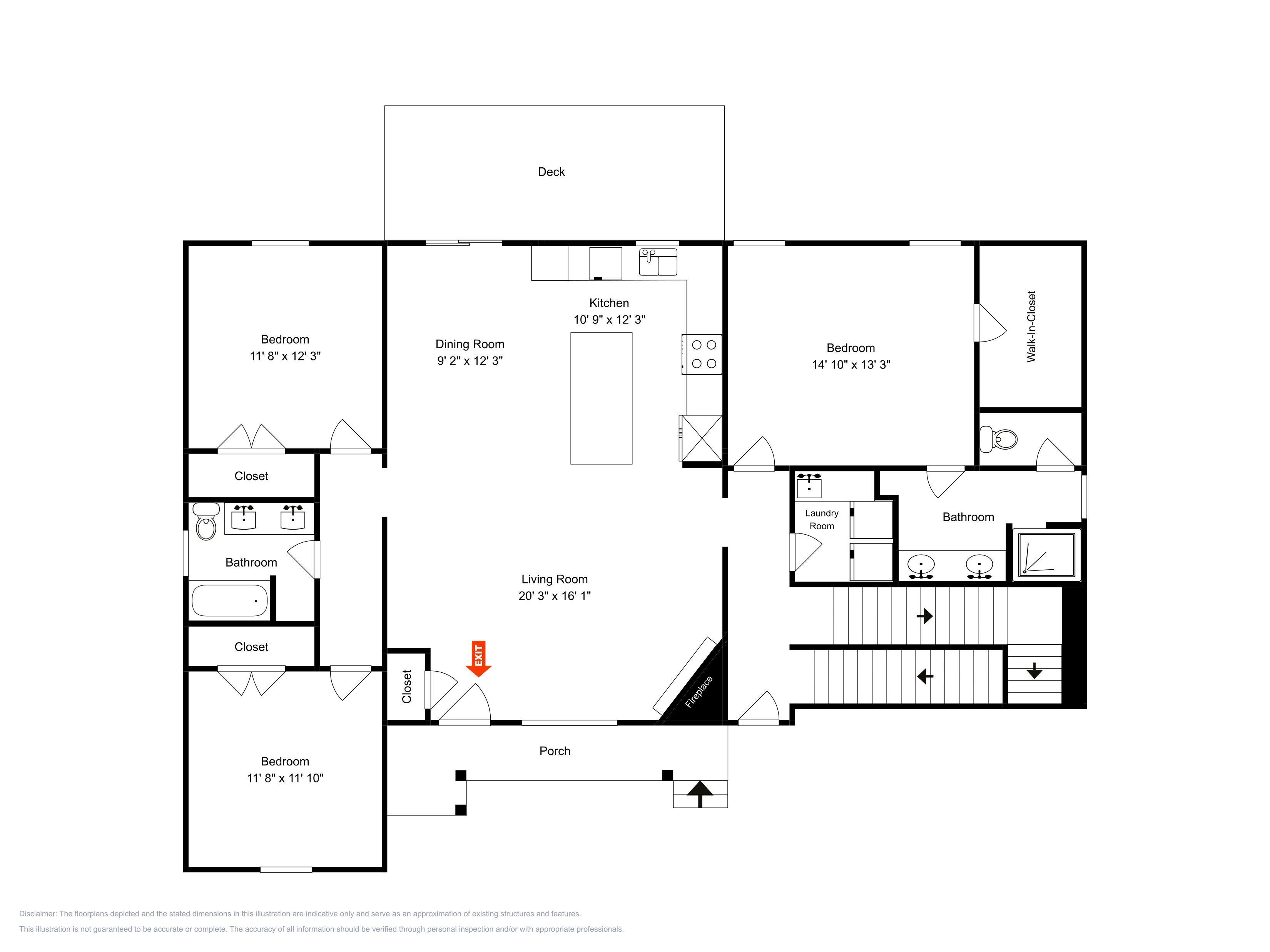 A floor plan with a bedroom, closet, bathroom, dining room, kitchen, living room, and a deck.