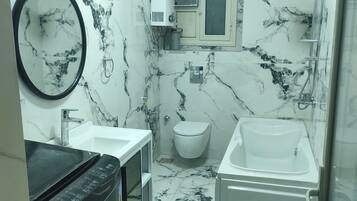Shower, hair dryer, bidet, towels