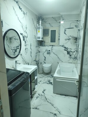 Shower, hair dryer, bidet, towels