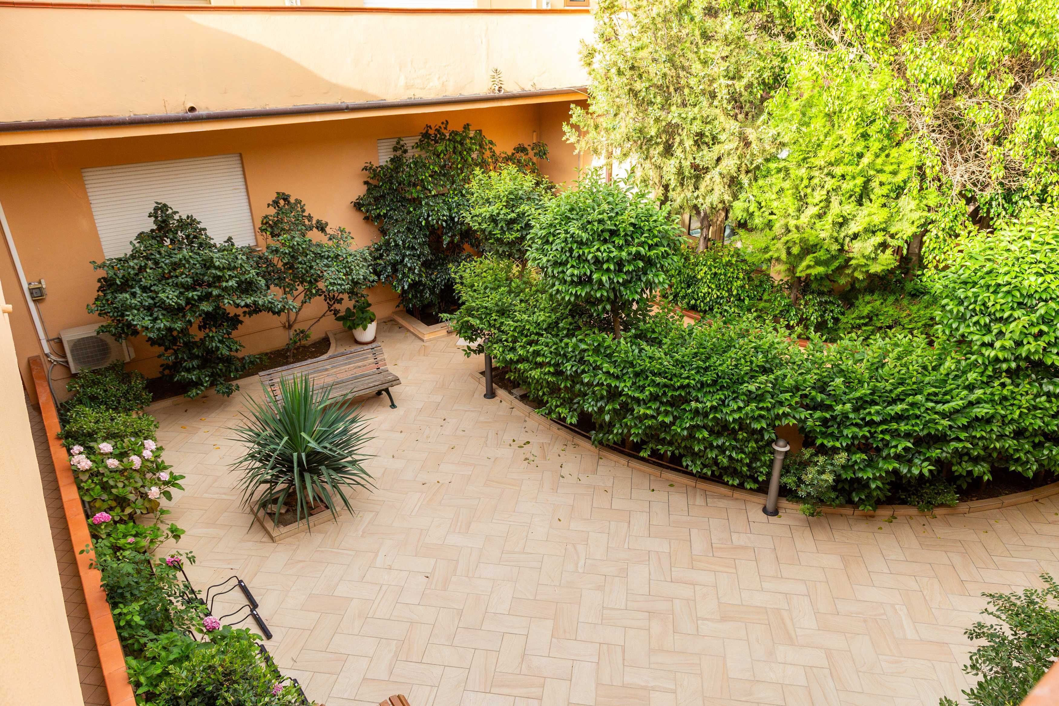 Un patio con un banco de madera, plantas en macetas y diversos árboles y arbustos.