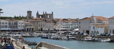 A marina with boats, a castle-like structure, and buildings with tiled roofs.