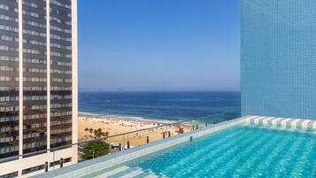 A hotel pool with a view of the beach and ocean.