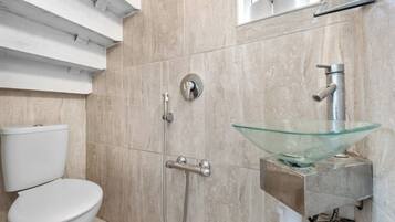 Shower, hair dryer, bidet, towels
