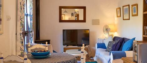 Télévision, cheminée, lecteur de DVD, chaîne hi-fi