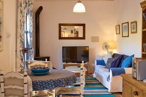 Télévision, cheminée, lecteur de DVD, chaîne hi-fi