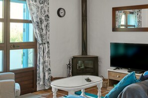 Televisión, chimenea, reproductor de DVD y estéreo 