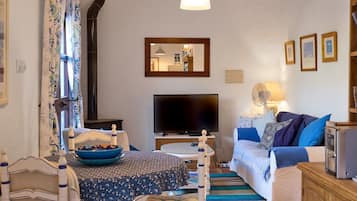 Una televisión, una chimenea, un reproductor de DVD